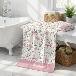 Personalized Pink Bows and Flowers Bath Towel