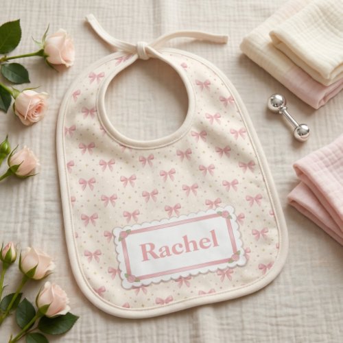 Personalized Pink Bows and Roses  Baby Bib