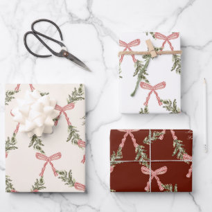 Personalized Pink Bows Greenery Christmas Gift Wrapping Paper Sheets