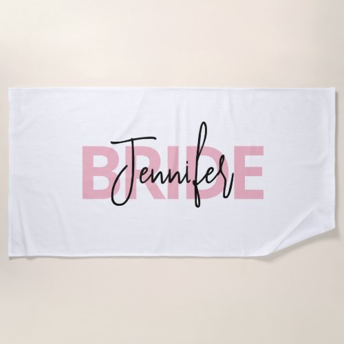 Personalized Pink Bride Typography Beach Towel