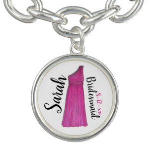 Personalized Pink Bridesmaid Gown Wedding Party Charm Bracelet