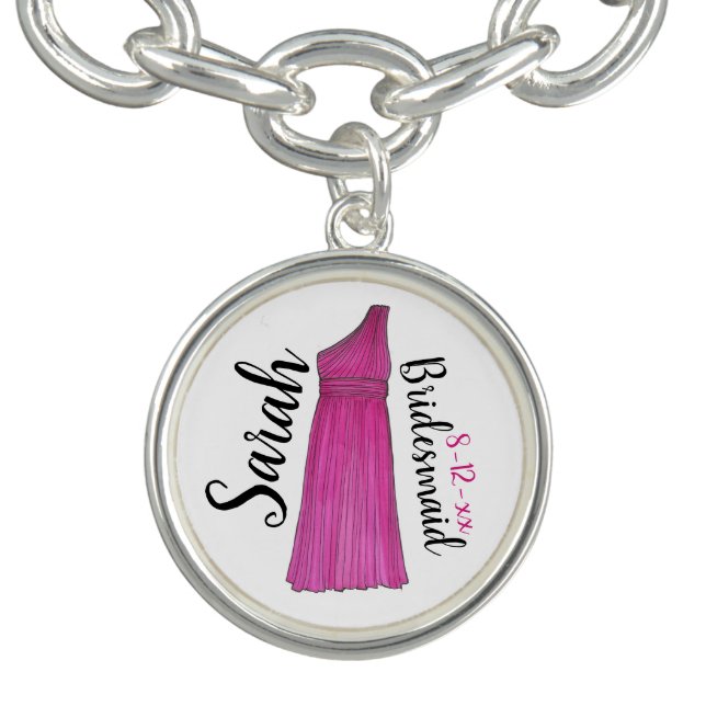 Personalized Pink Bridesmaid Gown Wedding Party Charm Bracelet (Design)