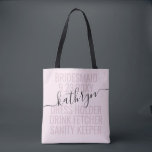 Personalized Pink Bridesmaid Name Custom Tote Bag<br><div class="desc">Personalized Pink and Black Bridesmaid Name Custom Tote Bag with editable text and wording for your date,  destination or location,  name,  and fun quote like "dress holder,  drink fetcher,  sanity keeper" makes a fun and useful keepsake for all your bridesmaids.</div>