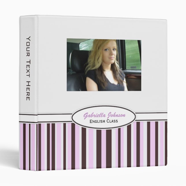 Personalized Pink & Brown Striped Binder (Front/Spine)
