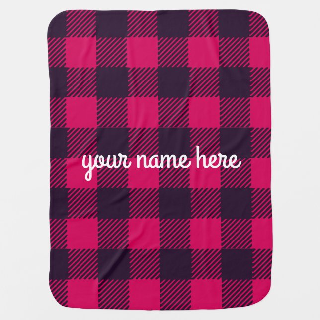 Personalized Pink Buffalo Plaid Baby Blanket (Front)