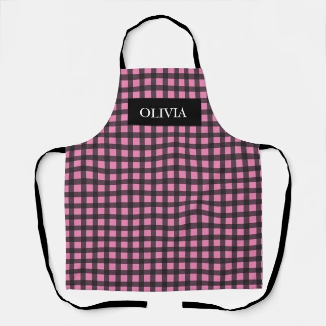 Personalized Pink Buffalo Plaid Kitchen Apron (Front)