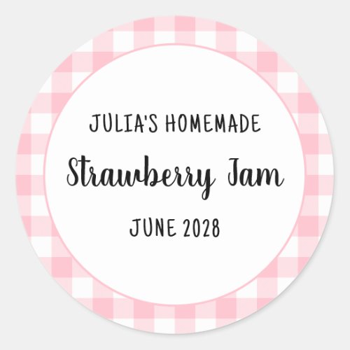 Personalized Pink Buffalo Plaid Strawberry Jam Classic Round Sticker