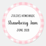 Personalized Pink Buffalo Plaid Strawberry Jam Classic Round Sticker