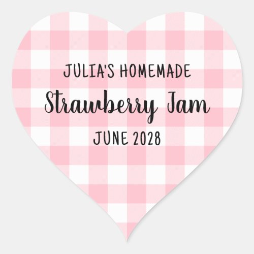Personalized Pink Buffalo Plaid Strawberry Jam Heart Sticker