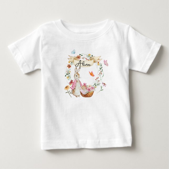Personalized Pink Bunny Easter Watercolor Baby T-Shirt (Front)