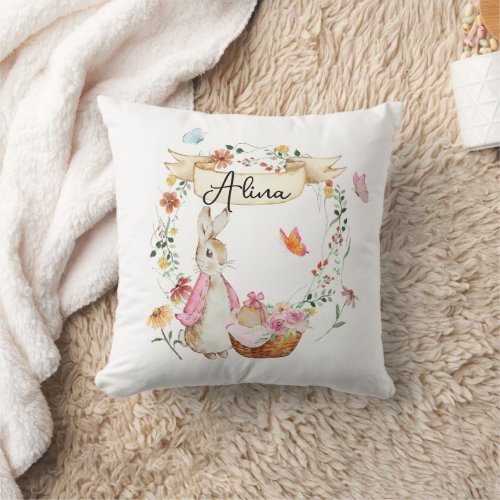 Personalized Pink Bunny Easter Watercolor  Throw Pillow