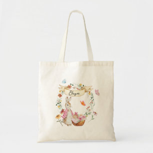 Personalized Pink Bunny Easter Watercolor Tote Bag