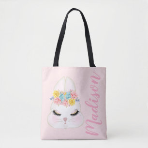 Personalized Pink Bunny Face Floral Tote Bag