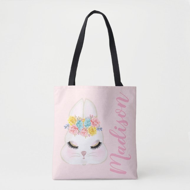 Personalized Pink Bunny Face Floral Tote Bag (Front)