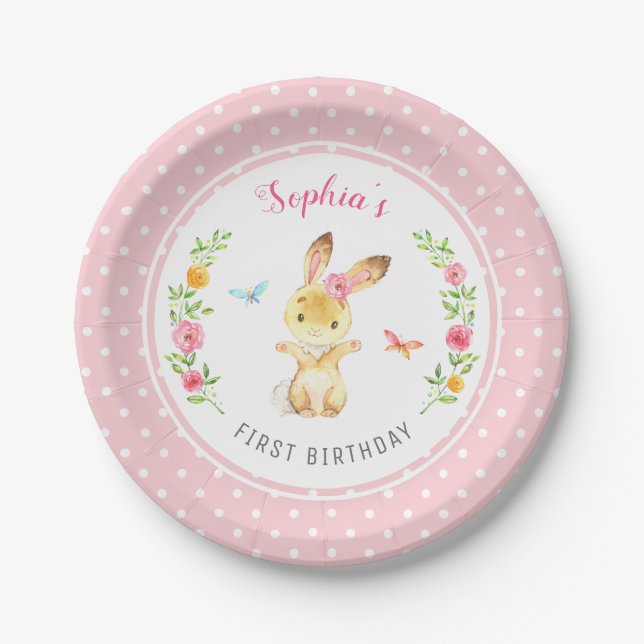 Personalized Pink Bunny Girl First Birthday Party Paper Plates (Front)