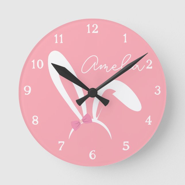 Personalized Pink Bunny Nursery Wall Clock Cute (Front)
