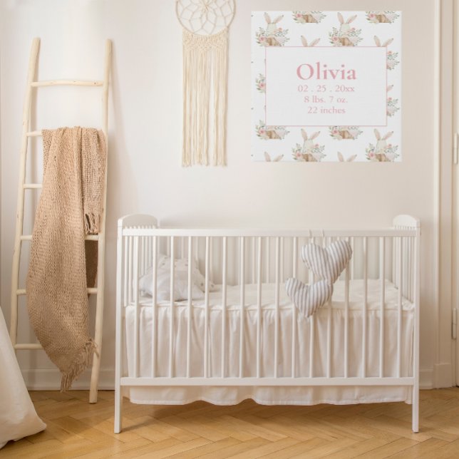 Personalized Pink Bunny Rabbit Pattern Birth Stats Faux Canvas Print (Creator Uploaded)