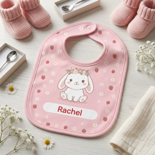 Personalized Pink Bunny Strawberry Daisy Baby Bib