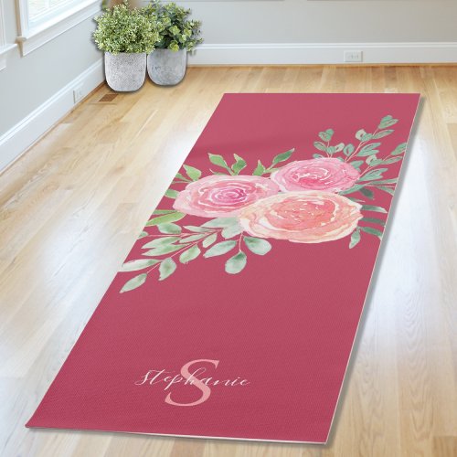 Personalized Pink Burgundy Roses Yoga Mat