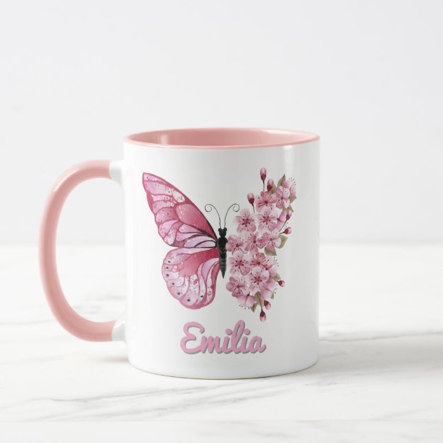 Personalized Pink Butterfly & Cherry Blossom  Mug (Left)