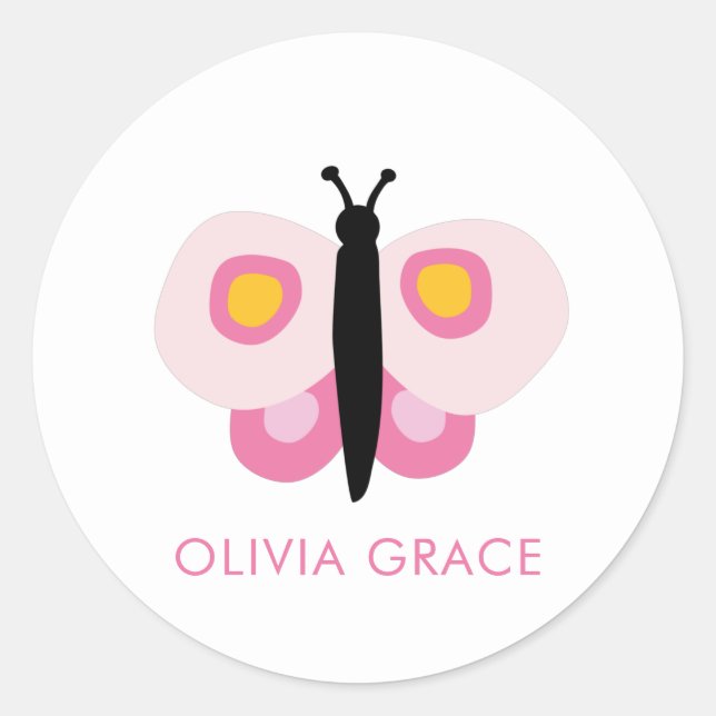 Personalized Pink Butterfly Girls Classic Round Sticker (Front)