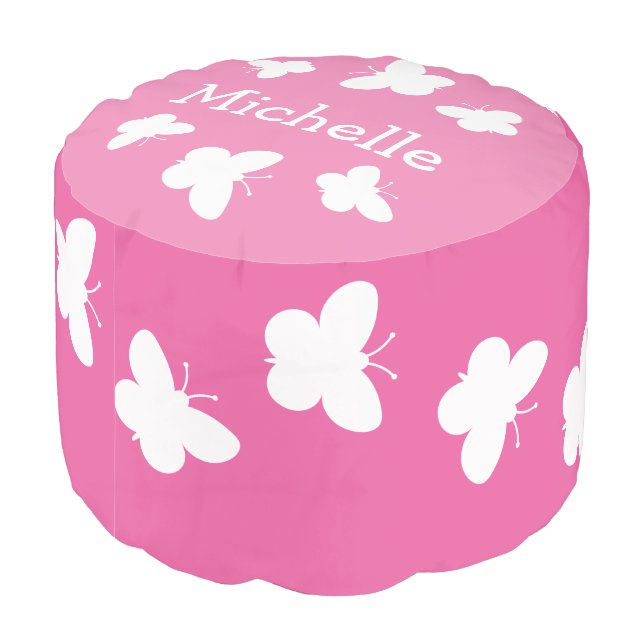 Personalized pink butterfly pouf for girls room (Angled Back)