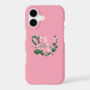 Personalized Pink Butterfly with Green Hearts iPhone 17 Case