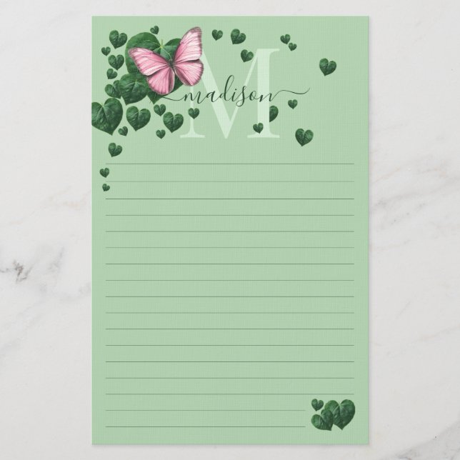 Personalized Pink Butterfly with Heart Leaves Stationery (Front)