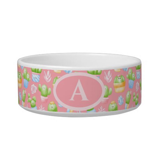 Personalized Pink Cactus Monogram Dog Cat Pet Bowl