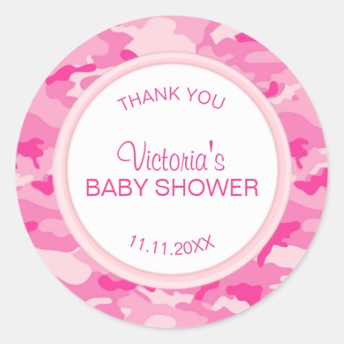 Personalized Pink Camo Girl Baby Shower Thank You Classic Round Sticker