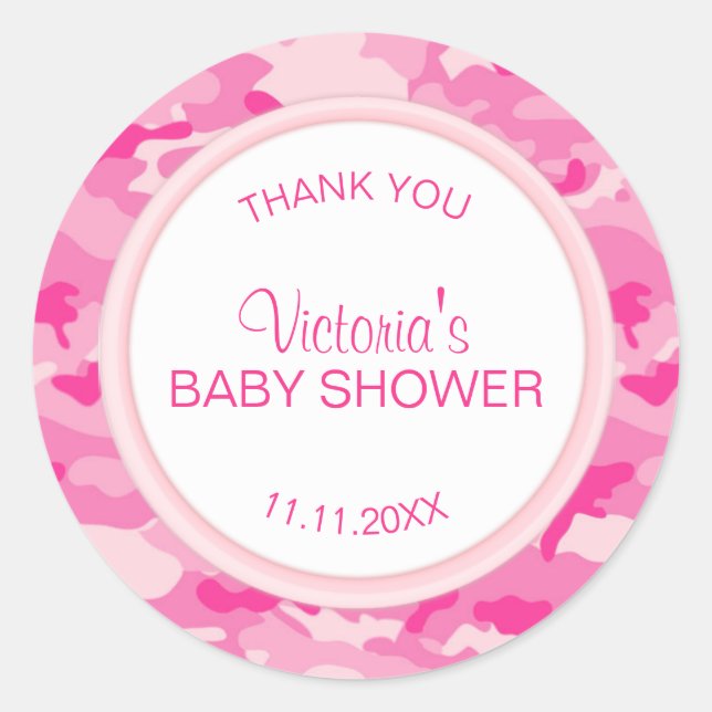 Personalized Pink Camo Girl Baby Shower Thank You Classic Round Sticker (Front)