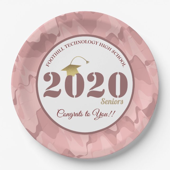 Personalized Pink Camouflage Pattern Graduation Paper Plates (Front)