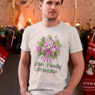 Personalized Pink Candy Cane Family Christmas T-Shirt