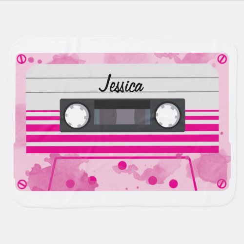 Personalized Pink Cassette Tape with Watercolor Baby Blanket