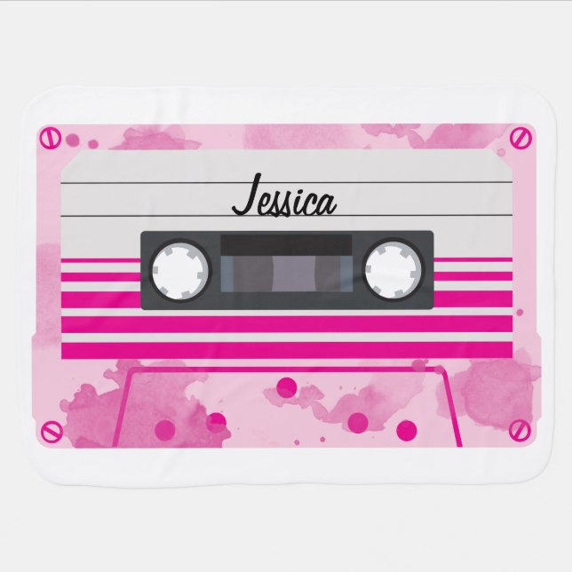 Personalized Pink Cassette Tape with Watercolor Baby Blanket (Horizontal)
