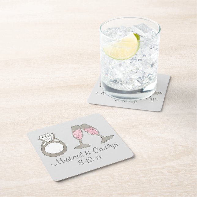 Personalized Pink Champagne Diamond Wedding Ring Square Paper Coaster (Insitu)