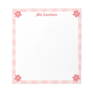 Personalized Pink Checkered Border Retro Flowers Notepad