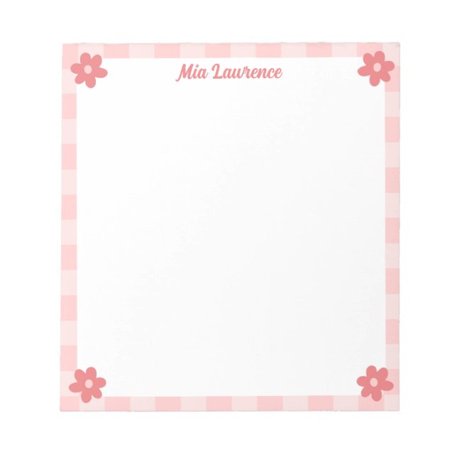 Personalized Pink Checkered Border Retro Flowers  Notepad (Front)