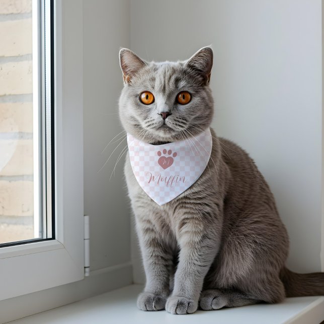 Personalized Pink Checkered Heart-Shaped Monogram Pet Bandana Collar (Personalized Pink Checkered Heart-Shaped Monogram Pet Bandana Collar)