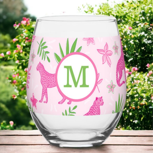 Personalized Pink Cheetah Greenery Floral Monogram Stemless Wine Glass (Creator Uploaded)