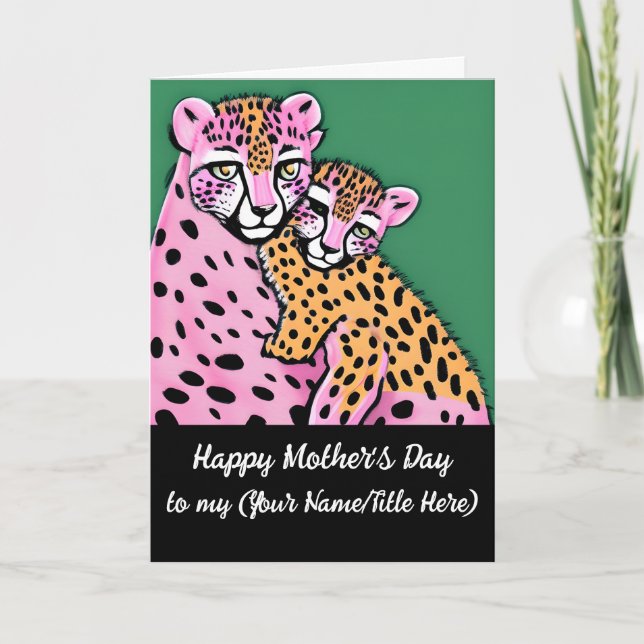 Personalized Pink Cheetah Mom + Cub Mother's Day Card (Front)