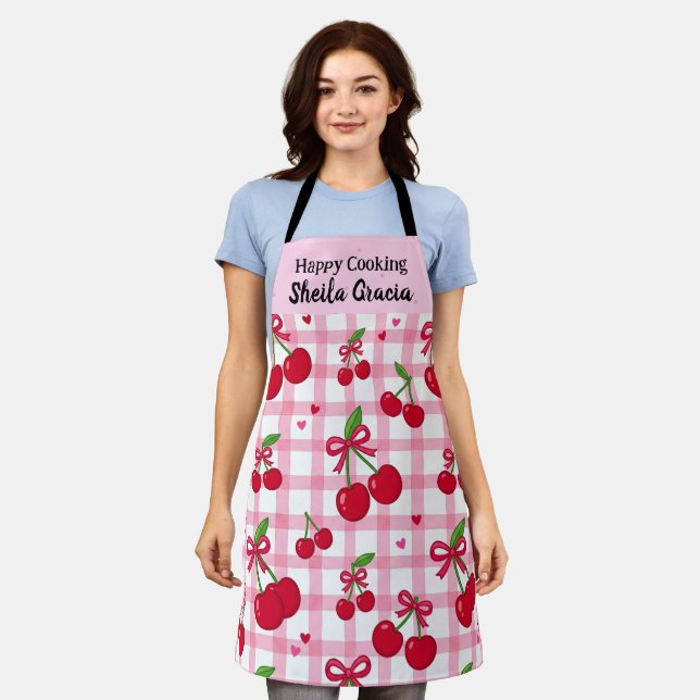 Personalized Pink Cherry Apron with Custom Name (Worn)