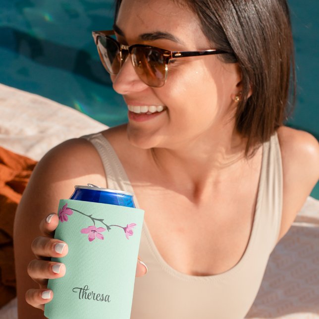 Personalized Pink Cherry Blossom Mint Green Can Cooler (Creator Uploaded)