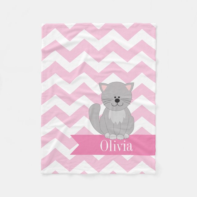 Personalized Pink Chevron Cat Fleece Blanket (Front)