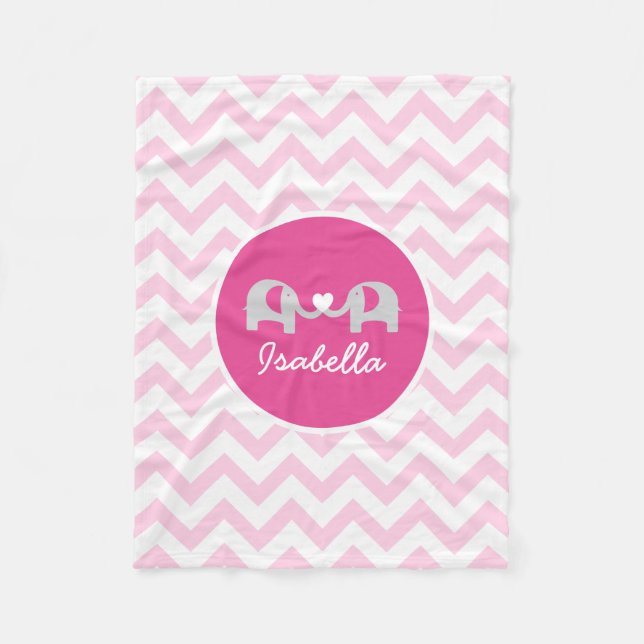 Personalized Pink Chevron Elephant Baby Blanket (Front)