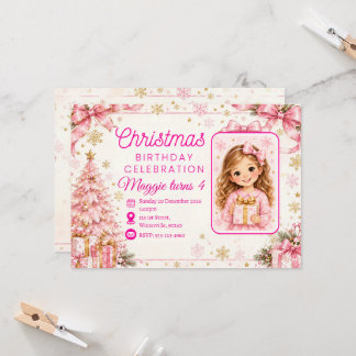 Personalized Pink Christmas Birthday Invitation |
