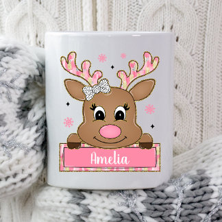 Personalized Pink Christmas Reindeer Xmas Present Coffee Mug