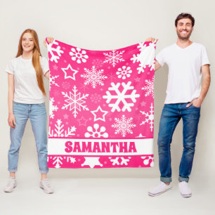 Personalized Pink Christmas Snowflakes Kids Name Fleece Blanket