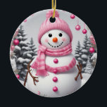 Personalized Pink Christmas Snowman Ceramic Ornament<br><div class="desc">Personalized Pink Christmas Snowman</div>