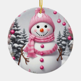 Personalized Pink Christmas Snowman Ceramic Ornament